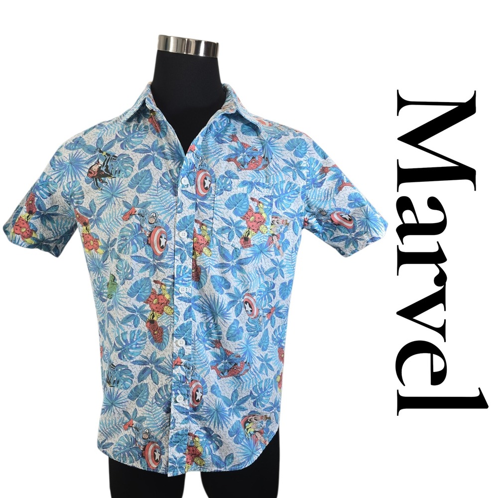 Marvel Hawiian Shirt Men M Blue Cotton Tropical Avengers Superhero Button Down